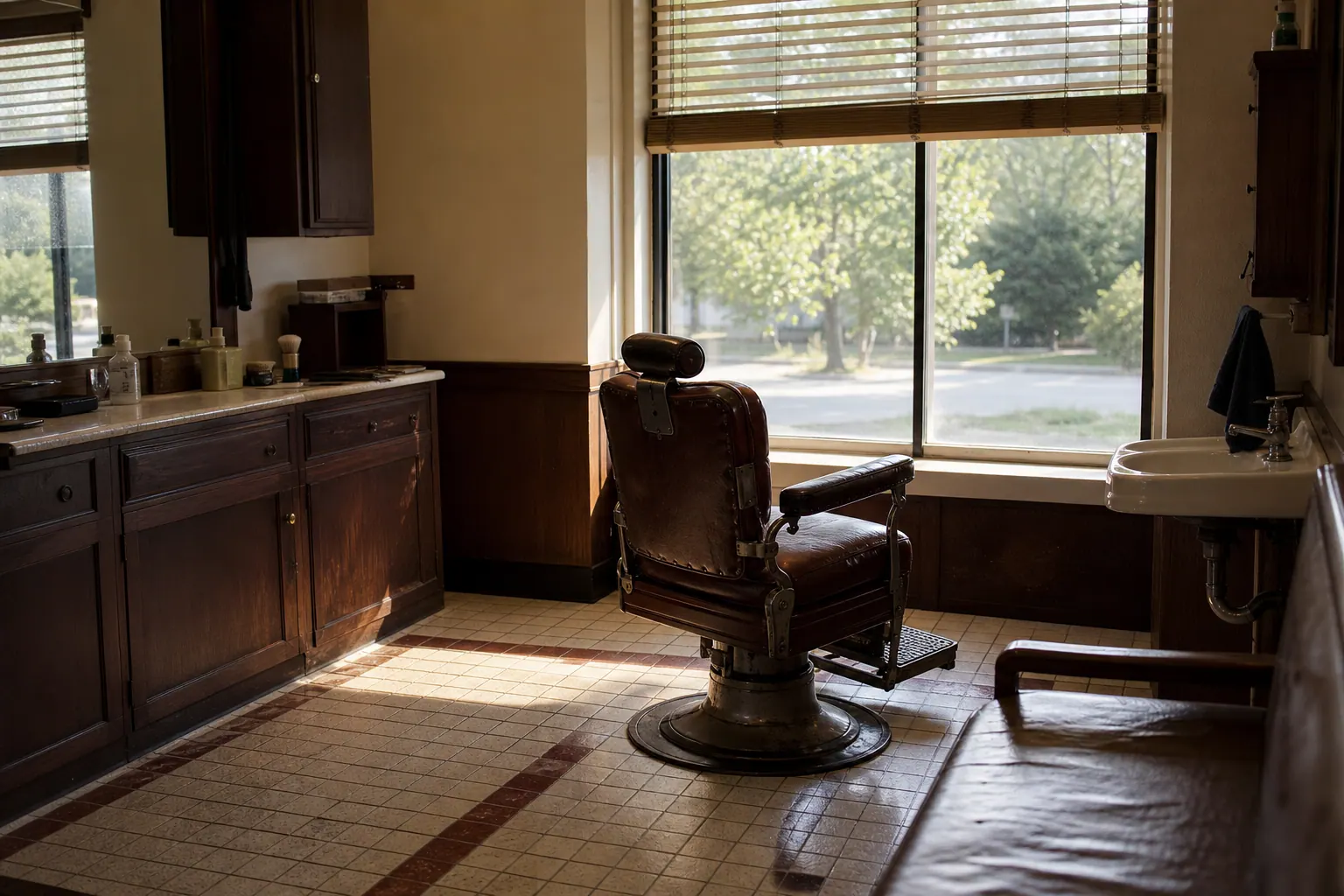 The inside of a barbers looking towards a single chair by a window, morning light across the floor