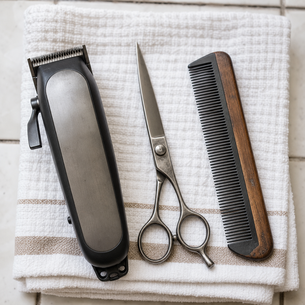 A close view of hair clippers, scissors and a comb resting on a folded towel