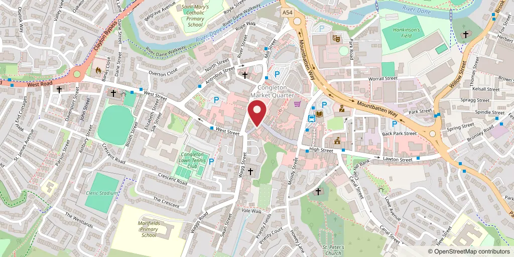 A street map of Congleton with a marker on Corner Chair Barbers at 4 Little Street, Congleton, CW12 1AR